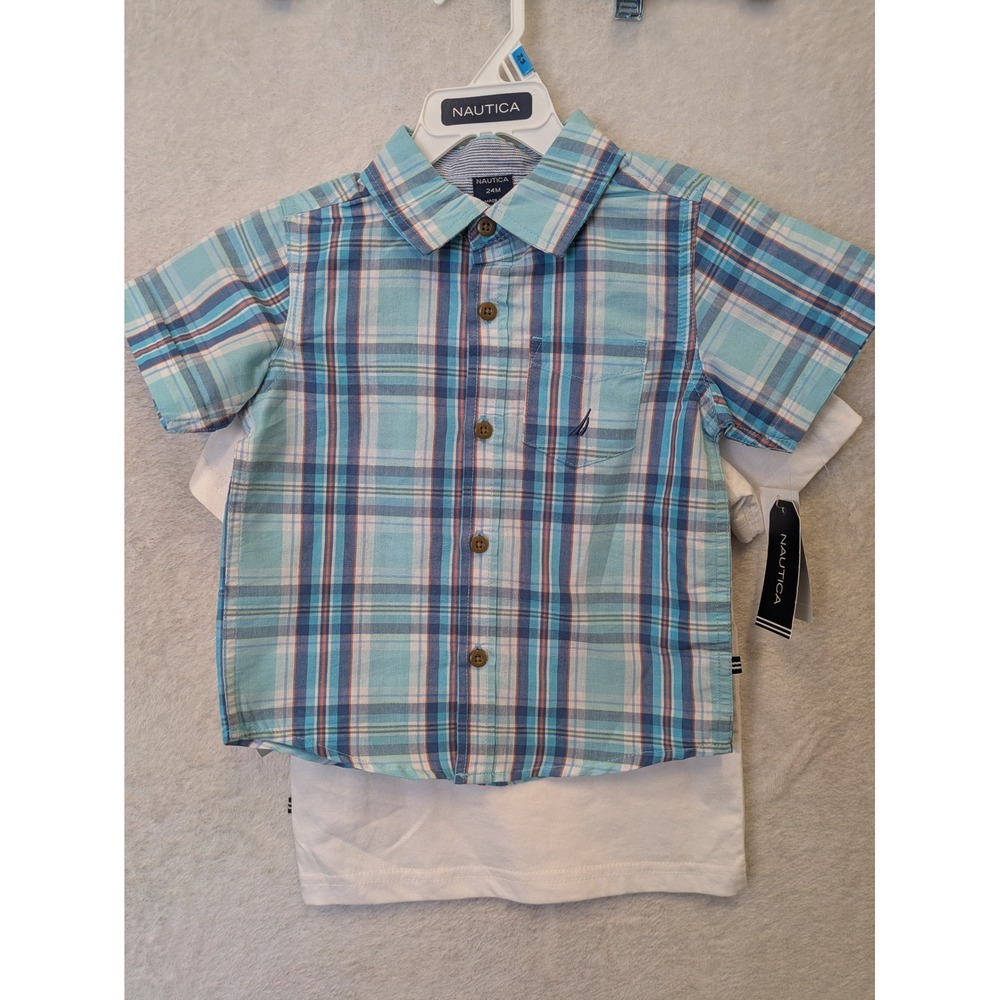 Nautica Kids 24M 2-Piece Set Blue‎ Plaid Button Down & White Shark T-Shirt